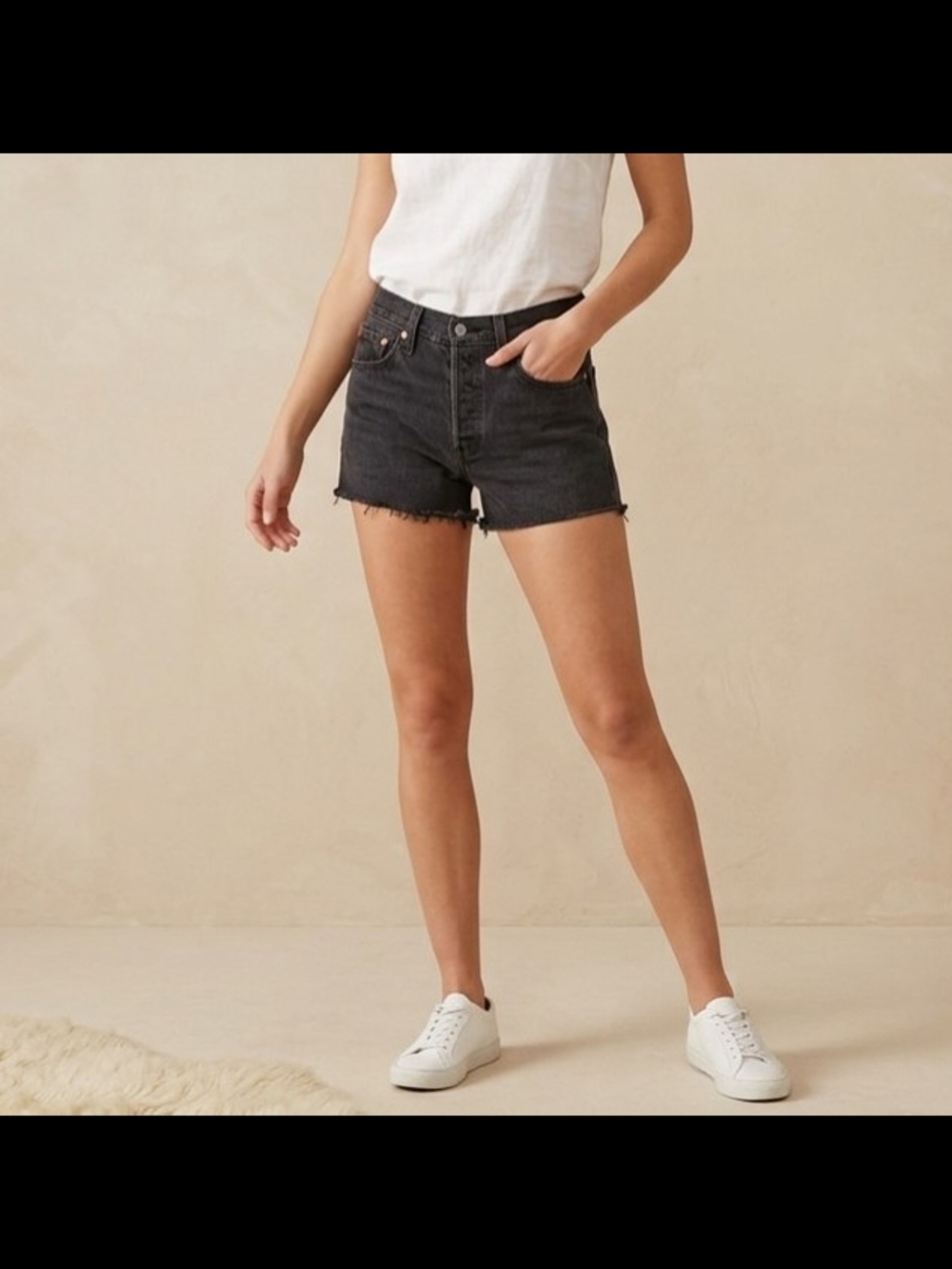 Levi's Black Denim Button Fly Frayed Hem Shorts - Women's